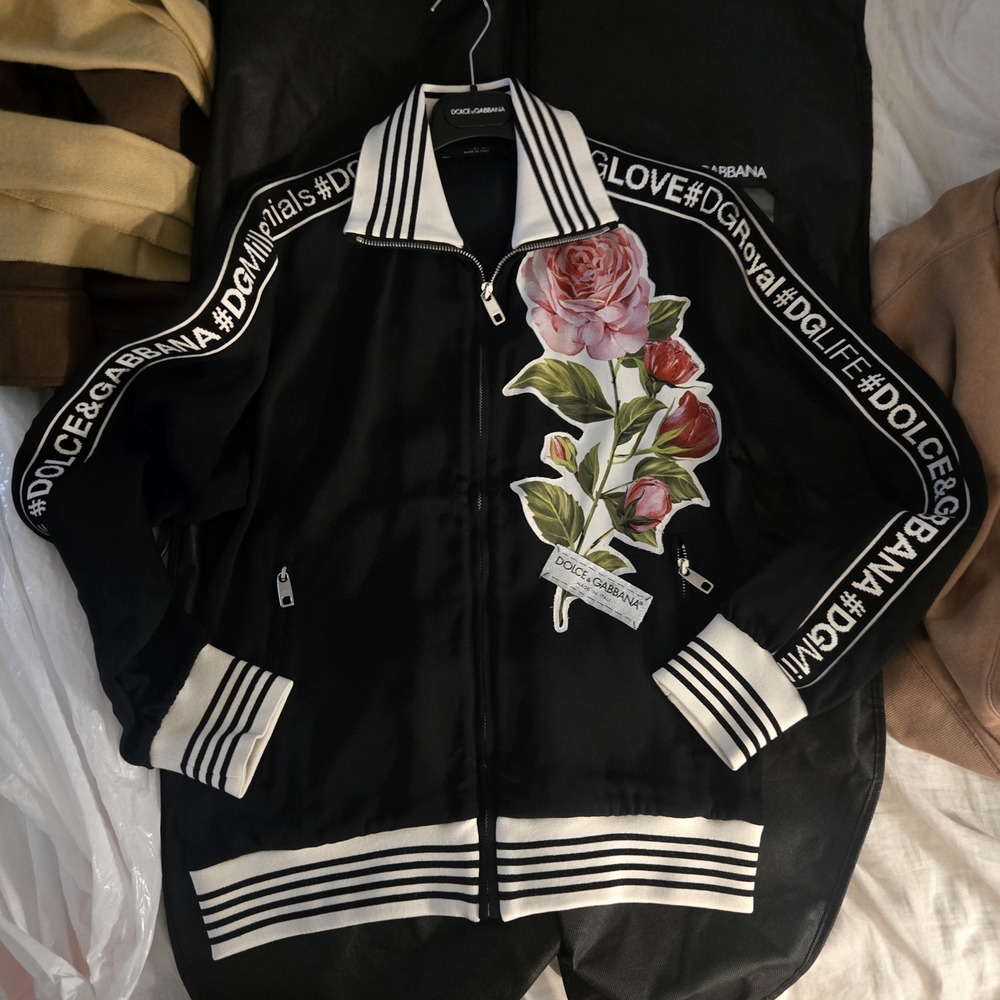 Dolce & Gabbana Black Bomber Jacket with Pink Rose Applique